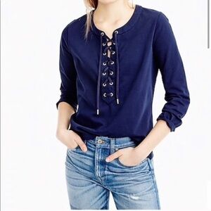J.Crew Navy Lace Up Top XS 100% Cotton 3/4 Sleeve Casual Blouse